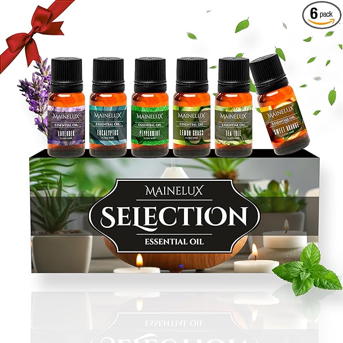 MAINELUX Aceites Esenciales para Humidificador Difusor 6 x 10 ml,100% Puro Aceites Esenciales Naturales Aceite Perfumado -Lavanda,Hierba de Limón, Menta, Eucalipto, Árbol de té y Naranja dulce.