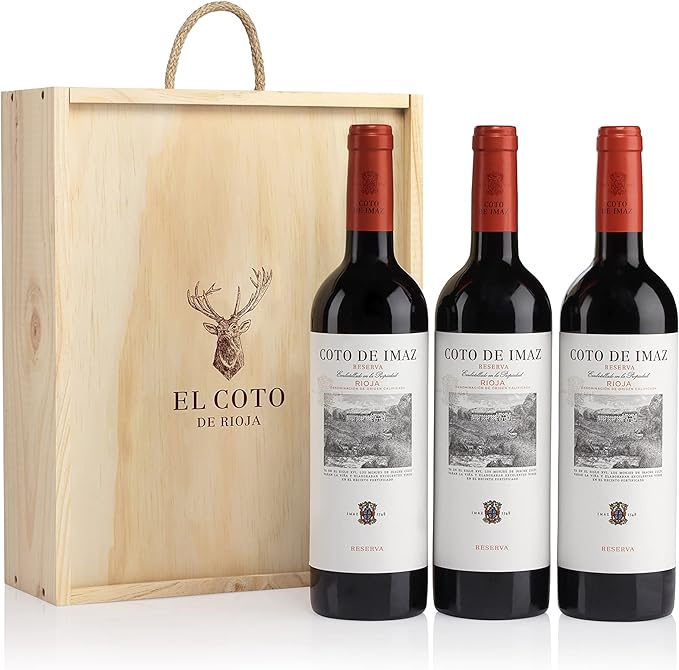 Estuche madera Regalo 3 botellas Coto Imaz Reserva, Vino tinto D.O. Ca. Rioja, Variedad Tempranillo, Potente y Equilibrado, Estuche 3 botellas 750 ml